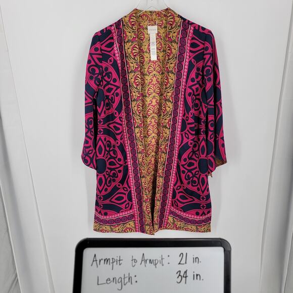Chico's Reversible Kimono Womens Medium Pink Blue Gold Mixed Print Open Front - Picture 14 of 14